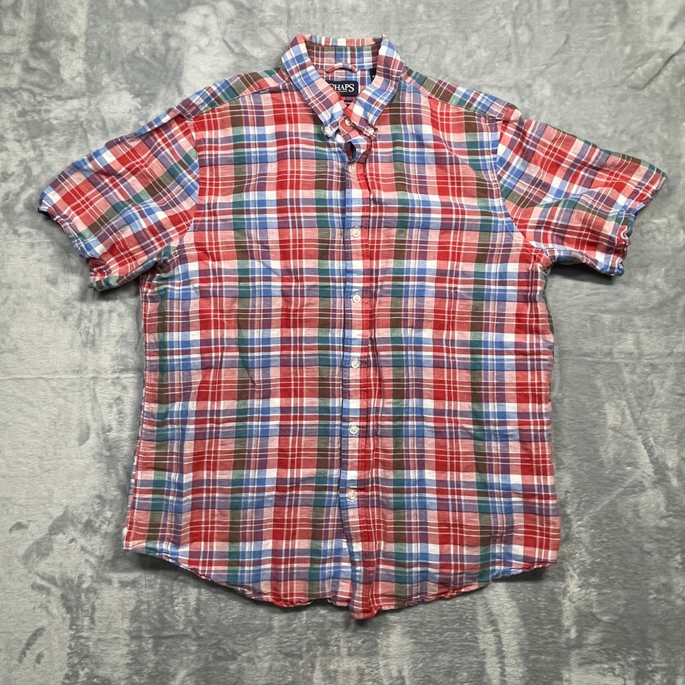 Chaps Button Up Shirt Mens XL Red Blue Plaid Linen Cotton Short Sleeve Casual
